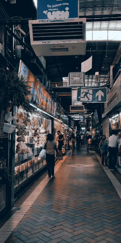 A vibrant indoor market scene with various stalls and shoppers exploring the goods on a busy pathway.