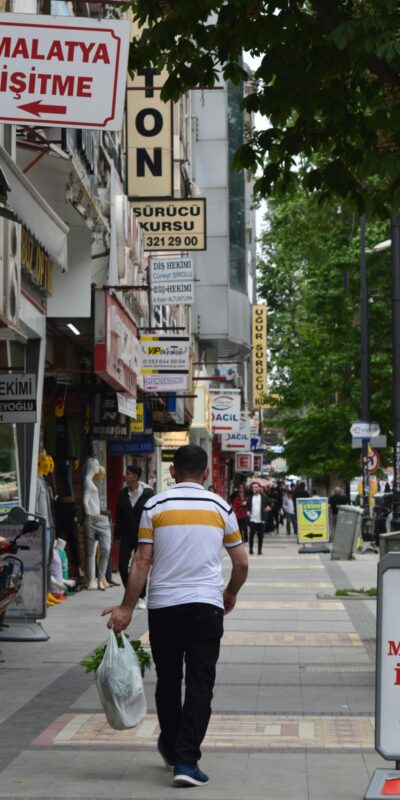 Vibrant street in Malatya, Türkiye with people walking past shops and signs.